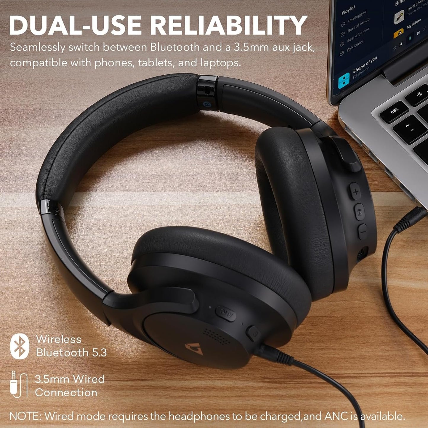 1Mii Y8 Noise Cancelling Headphones Bluetooth, Wireless LDAC Hi-Res Audio, 75H Playtime, Comfort Fit, Over Ear Headphones Foldable for Airplane Travel Home Office Basic - Black