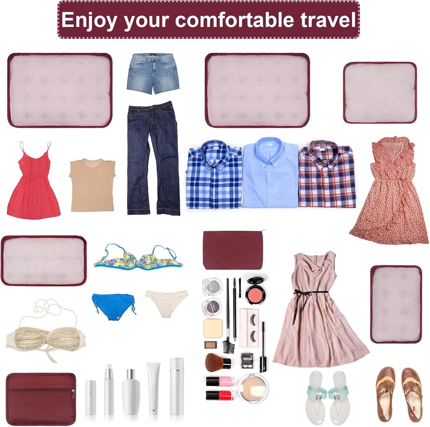 ShawFly Suitcase Organizer Packing Cubes, 7 Pieces Travel Cubes for Suitcase Lightweight Luggage Packing Organizer Essential Travel Bags for Travel Accessories (Burgundy)