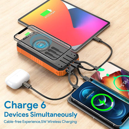 Solar Power Bank 30000 mAh,Wireless Portable Solar Power Bank Fast Charge Solar Phone Charger Power Bank with 3 Cables & LED Flashlights(Waterproof, Dustproof) Compatible with iOS & Android
