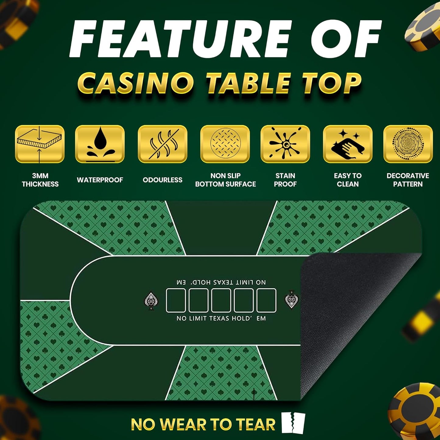 Poker Mat 70 x 35 Inch/180x90cm - 8-10 Players Texas Hold'em Poker Rubber Mat Poker Topper for Tables, Folding Portable Poker Table Top with Carrying Bag for Poker Games, Blackjack, Casino (Green)