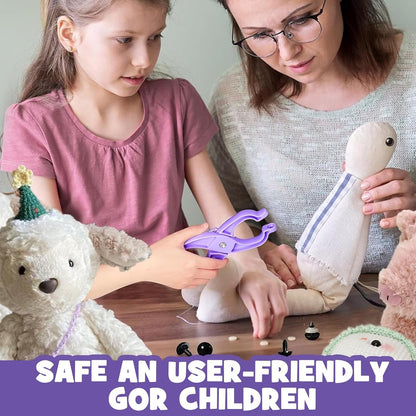XANRONKJ Safety Eye Pliers Tool for Amigurumi, Safety Eye Snapper Crochet Tool Clamp & 100 PCS 6-12mm Safety Eyes for Amigurumi (Purple)