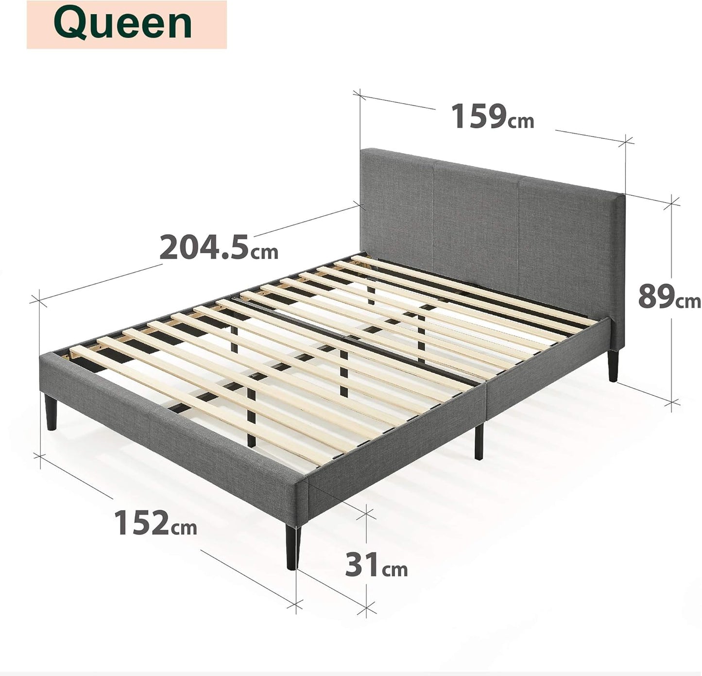 Zinus Liam Queen Bed Frame Platform / Bedroom Furniture/Dark Grey Fabric