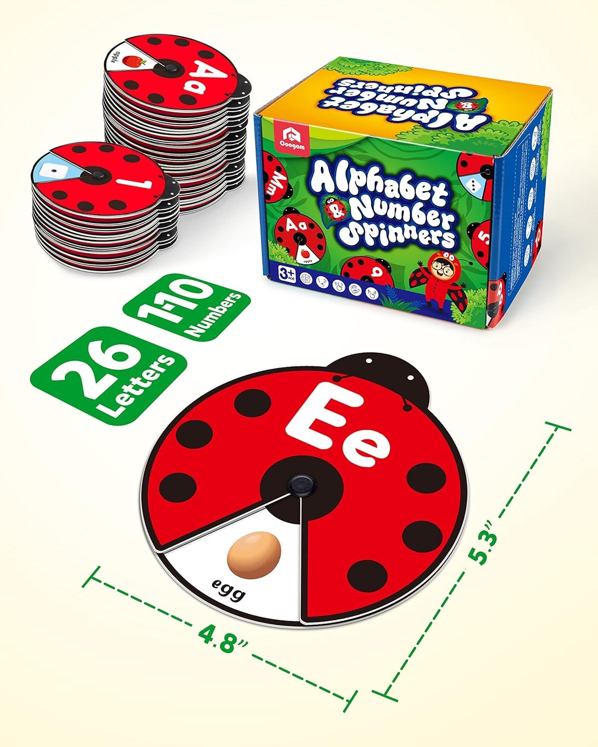 Coogam Interactive Alphabet Learning Toy, ABC Number Letters Spinning Game, Sight Words Animal Pattern Ladybug Cards, Montessori Educational Toy Gift for 3 4 5 Year Old Baby Toddlers