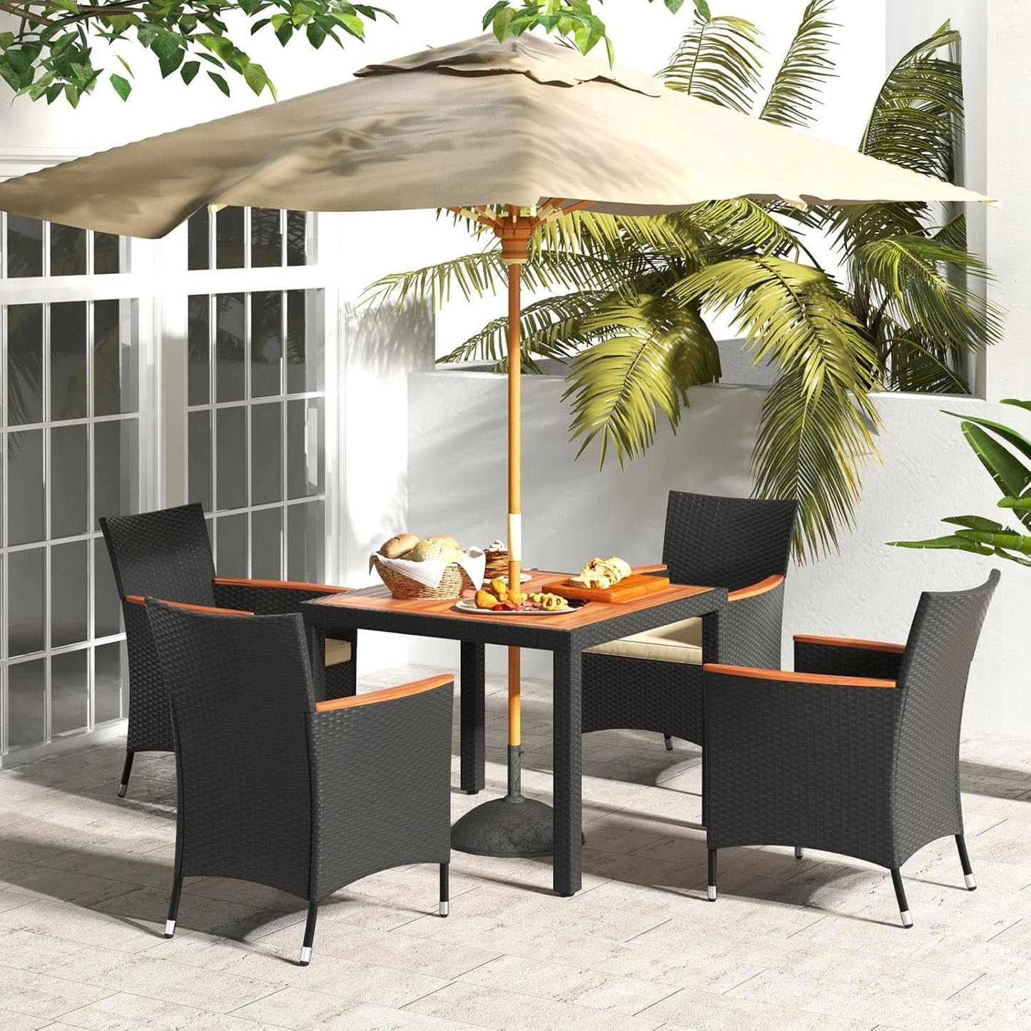 ORALNER 5 Pieces Outdoor Dining Set, Wicker Dining Table and Chairs Set with Acacia Wood Table Top, Seat Cushions, Rattan Patio Dining Table Set for 4, Garden Yard Poolside Deck, Brown