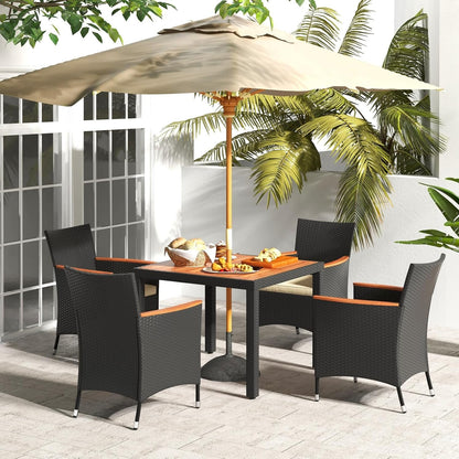 ORALNER 5 Pieces Outdoor Dining Set, Wicker Dining Table and Chairs Set with Acacia Wood Table Top, Seat Cushions, Rattan Patio Dining Table Set for 4, Garden Yard Poolside Deck, Brown