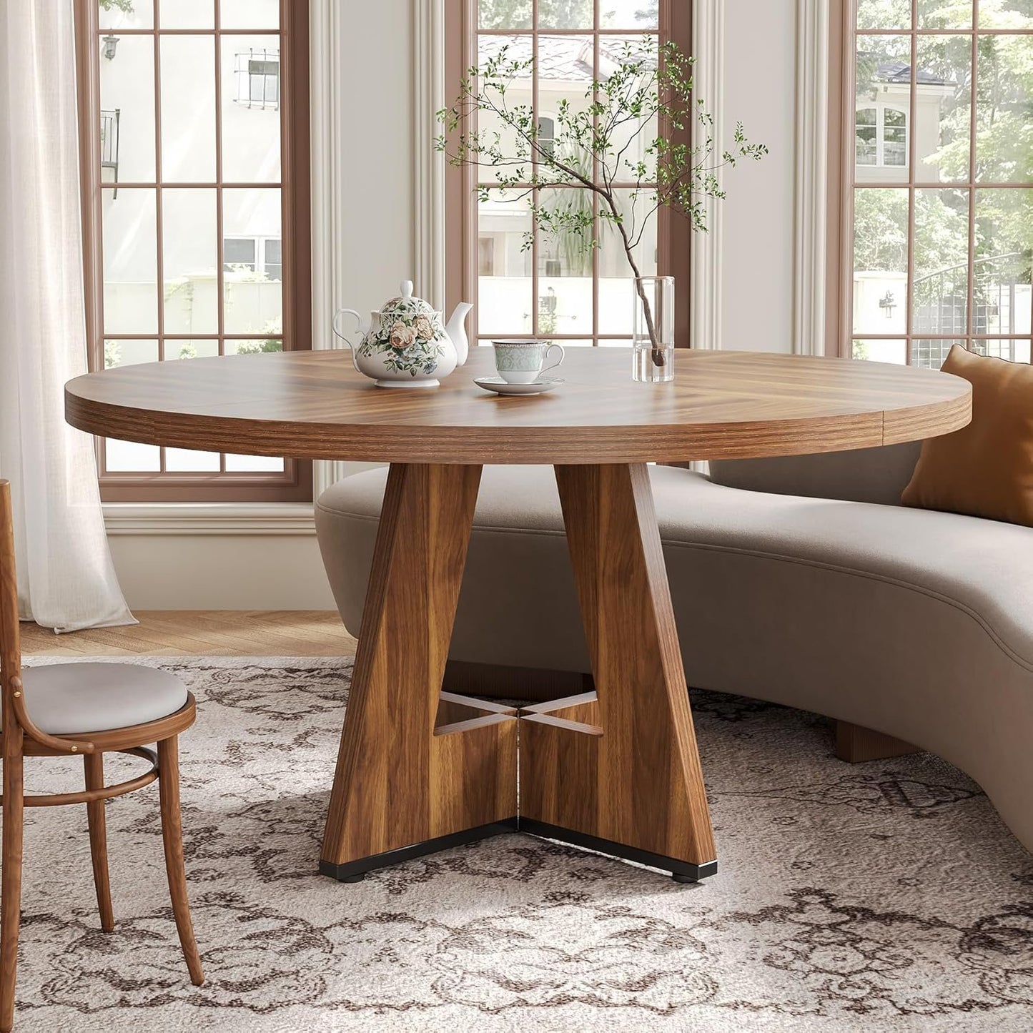 LITTLE TREE Round Dining Table for 4-6 People, 47 Inches Brown Dining Room Table with Wooden Pedestal Base, Farmhouse Dinner Tables, Circle Kitchen Tables for Dining, Kitchen, Living Room