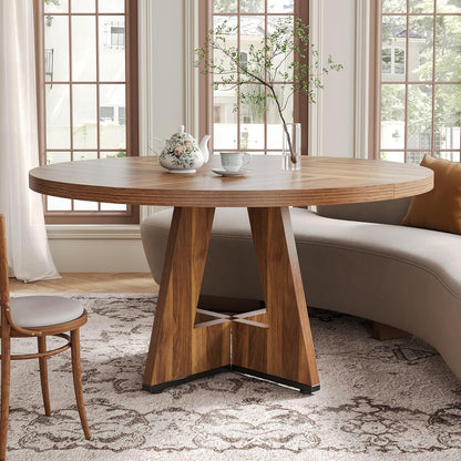 LITTLE TREE Round Dining Table for 4-6 People, 47 Inches Brown Dining Room Table with Wooden Pedestal Base, Farmhouse Dinner Tables, Circle Kitchen Tables for Dining, Kitchen, Living Room