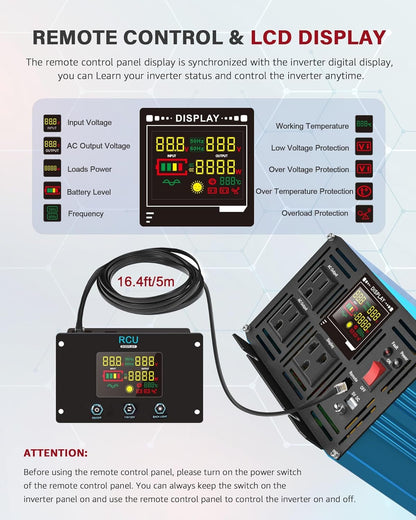 LCYMW 2000 Watt Inverter Pure Sine Wave DC 12V to 110V AC Power Inverters with 3 AC Charger Outlets, Car Inverter Solar Power Inverters for Vehicles Home with LCD Display and 2.4A USB Charging Ports