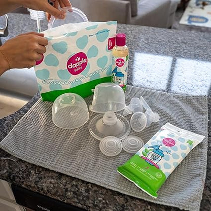 Dapple Breast Pump Cleaning Essentials Gift Set, Hypoallergenic & Powered by Plants, Removes Milk Residue, Leaves No Taste, 25ct Wipes, 8oz Soap 8ct Sterilizer Bags