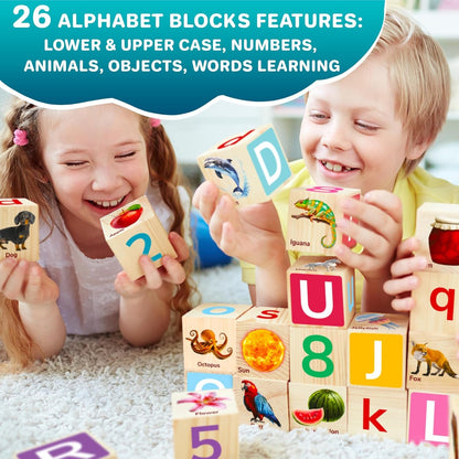 Quokka Montessori Wooden Blocks for Toddlers 1-3 - 35 Realistic ABC Learning Baby Blocks for Kids 3-5 Year Olds - Stacking Alphabet Wood Toys 2-4 yo - Learn Letters Numbers