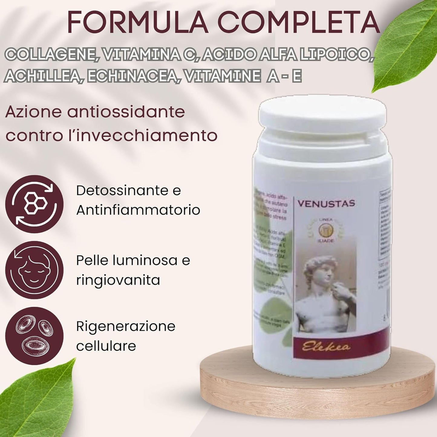 VENUSTAS Detoxifying Collagen Supplement, Alpha Lipoic Acid and Vitamin C Supplement, Bright Skin, Anti-Aging, Cellular Regeneration, Antioxidant and Anti-Inflammatory Action, 100 Capsules 430 mg