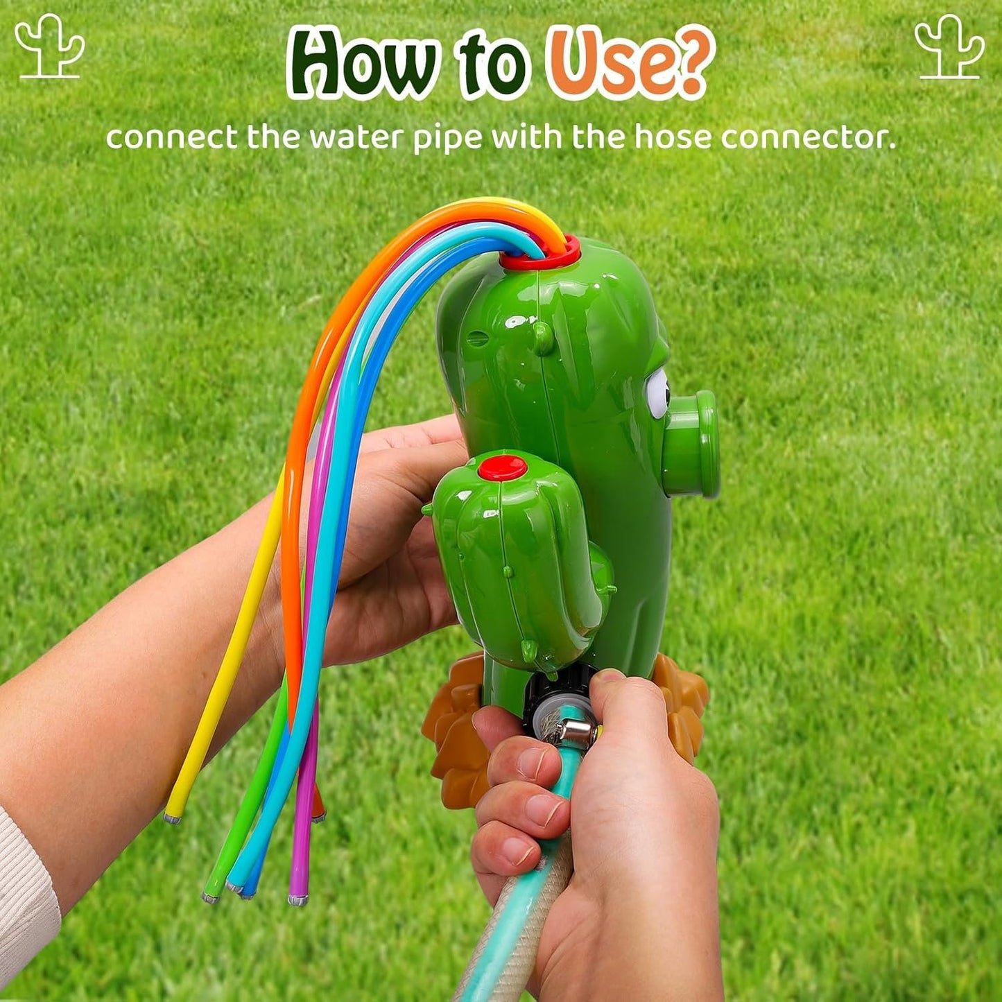 HeySplash Water Sprinkler Toy, Sprinkler for Kids Outdoor Play, Sprinkler Toy with 6 Wiggle Tubes, Outside Backyard Lawn Toys, Splashing Fun for 3-8 Year Old Boys Girls, Attach to Garden Hose, Cactus