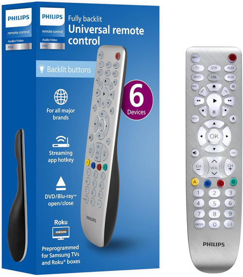 Backlit Universal Remote Control by Philips, Works for Samsung, Vizio, TCL, HiSense, Sony, RCA, Panasonic, Roku, Apple TV, Smart TVs, Streaming Players, Blu-Ray, DVD, 6-Device, Silver, SRP3016S/27