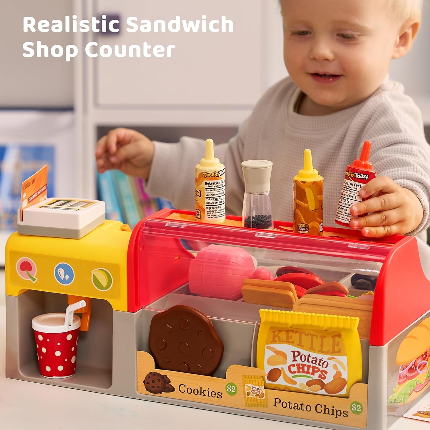 Pretend Play Food Toy for Kids Toddlers, Play Kitchen Accessories Include Sandwich Maker Toy with Slicer for Ham, Menu and Ingredients, Play Restaurant Food Toy for Girls Birthday Gift