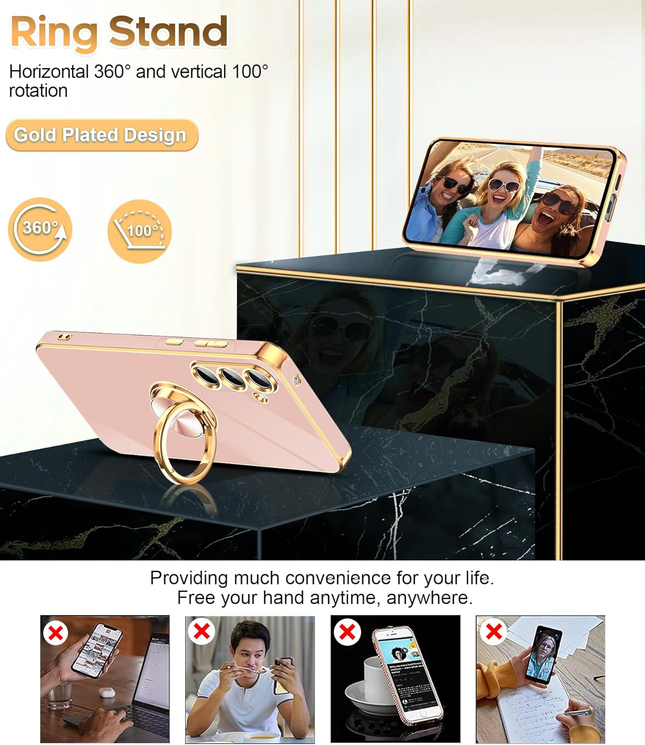 LeYi for Samsung Galaxy A55-5G Case: Samsung A55 Case with Slim Fit Soft 360° Ring Holder Kickstand Support Car Mount Shockproof Plated Gold Edge for Galaxy A55 5G Case, Pink