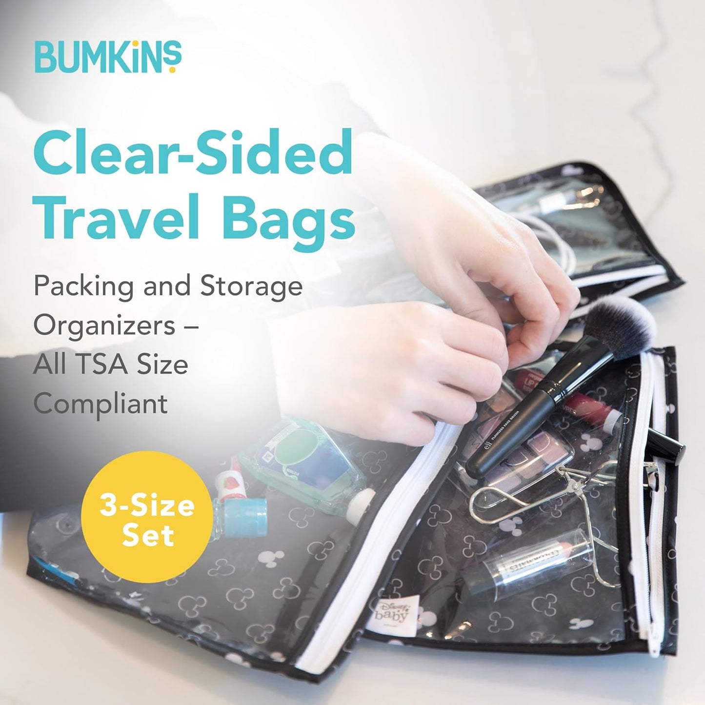 Bumkins Travel Bag, Disney Mickey Mouse Toiletry, Baby, TSA Approved Pouch, Zip Bag, Quart Size Compliant, Clear-Sided, Diaper Bag Organization, Makeup, Accessories