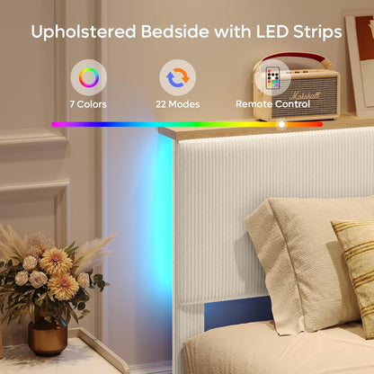 Bestier Full Corduroy Upholstered Bed Frame with Adjustable Vertical Channel Headboard, LED Platform Bed with Storage Shelf, Solid Wood Leg & Slat Support, No Box Spring Needed, Never Squeaks, Cream