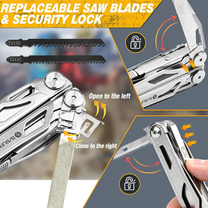 BIBURY Multitool Pliers, Stainless Steel Multi Tool Pliers with Replaceable Wire Cutters and Saw, Foldable Multitools with Scissors and Screwdriver, Ideal for Camping, Hiking, Survival, Gift for Him