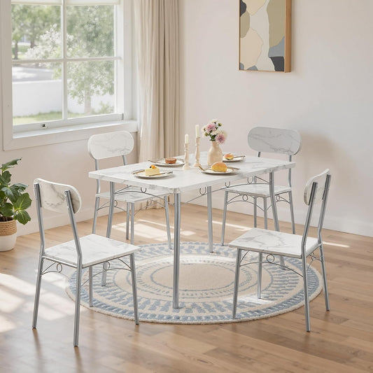 VECELO Dining Table Set for 4, 5-Piece Kitchen Table with 4 Chairs, MDF Board Tabletop with Metal Frame for Small Space, Compact Dinette, Breakfast Nook, White