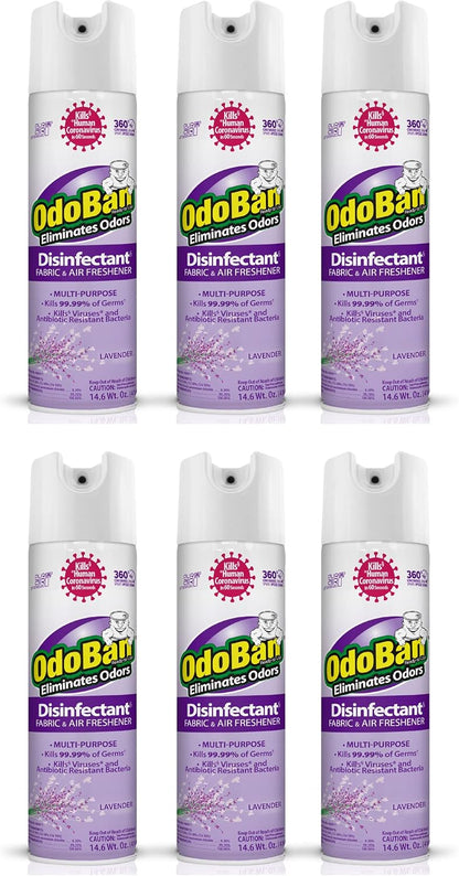 OdoBan Ready-to-Use 360-Degree Continuous Spray Disinfectant and Harsh Aroma Eliminator, Fabric and Air Freshener, 6 Pack, 14.6 Ounces Each, Lavender Scent