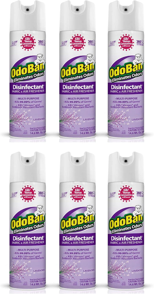 OdoBan Ready-to-Use 360-Degree Continuous Spray Disinfectant and Harsh Aroma Eliminator, Fabric and Air Freshener, 6 Pack, 14.6 Ounces Each, Lavender Scent