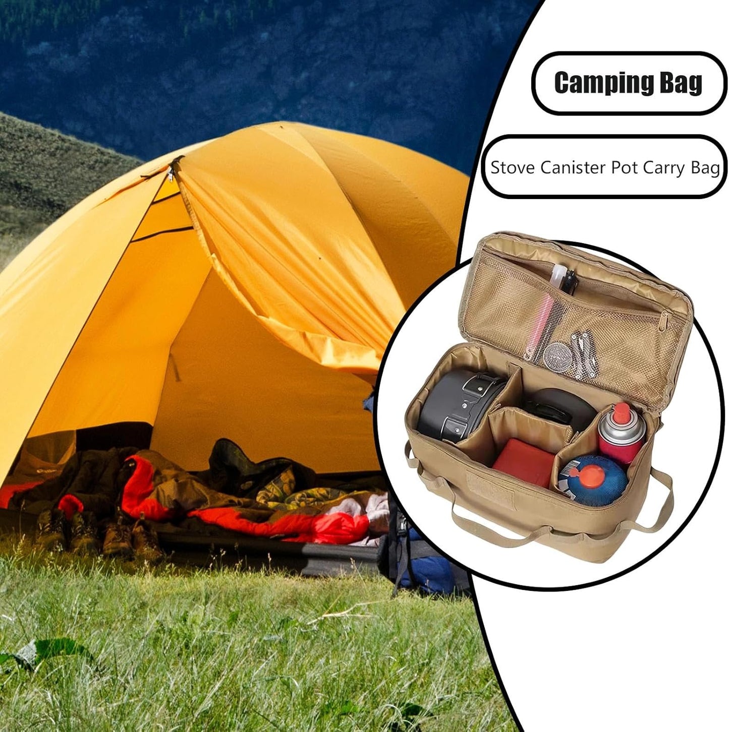 Folding Stove Canister Organizer, Camping Storage Bag, Outdoor Gear Bag, 13.39x6.69x7.48 Inches Portable Cookware, Travel Hiking Material 600d Encrypted Oxford Cloth