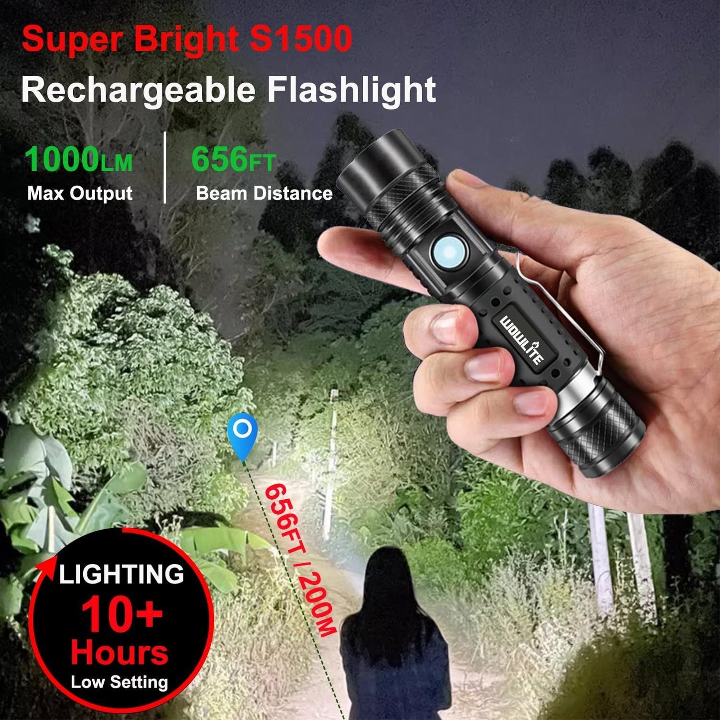 Rechargeable Flashlight [2 Pack], Wowlite Tactical Flashlight with Clip - High Lumens, 4 Light Modes, Water Resistant, Zoomable, Pocket-Sized LED Flashlight for Emergency Camping Hiking