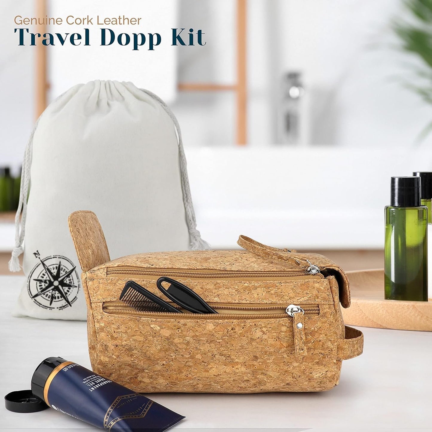 The Calling Man Denali Cork Leather Travel Toiletry Bag for Men– Waterproof Compact Dopp Kit with Hanging Design, Compartment and Dual Pockets, Hygiene Bag for Toiletries, Cork, Compact and Spacious