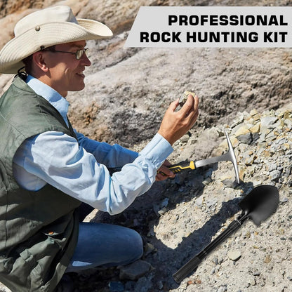 26oz Geologist Rock Pick Tool kits-12 Folding Multitool Shovel-Survival Bracelet-Safety Glasses-Jewelers Loupe-Gloves for Hounding Gold Mining Prospecting Stone Breaking Pry Rocks Loosen Soil