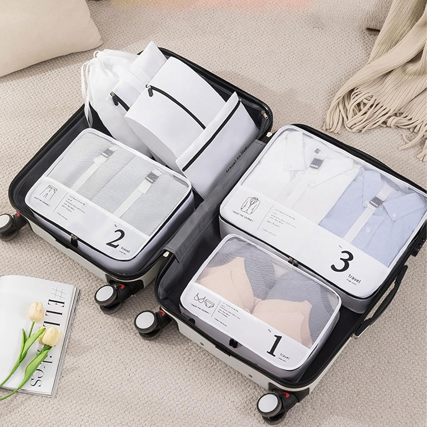 JEFEYA 7 Set Packing Cubes, Independent Digital Packing Cubes, Reusable Large Travel Packaging Bags, Waterproof Luggage Organizers Suitcase Travel Accessories (White)