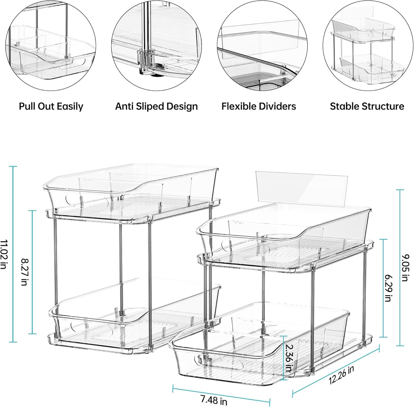 Delamu 2 Sets of 2-Tier Clear Under Sink Organizers and Storage, Multi-Purpose Stackable Bathroom Cabinet organizers, Pull Out Kitchen Pantry Organization and Storage with Dividers