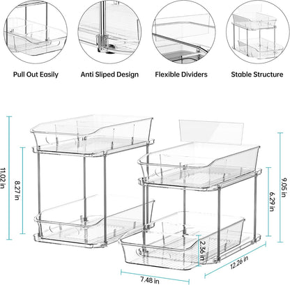Delamu 2 Sets of 2-Tier Clear Under Sink Organizers and Storage, Multi-Purpose Stackable Bathroom Cabinet organizers, Pull Out Kitchen Pantry Organization and Storage with Dividers