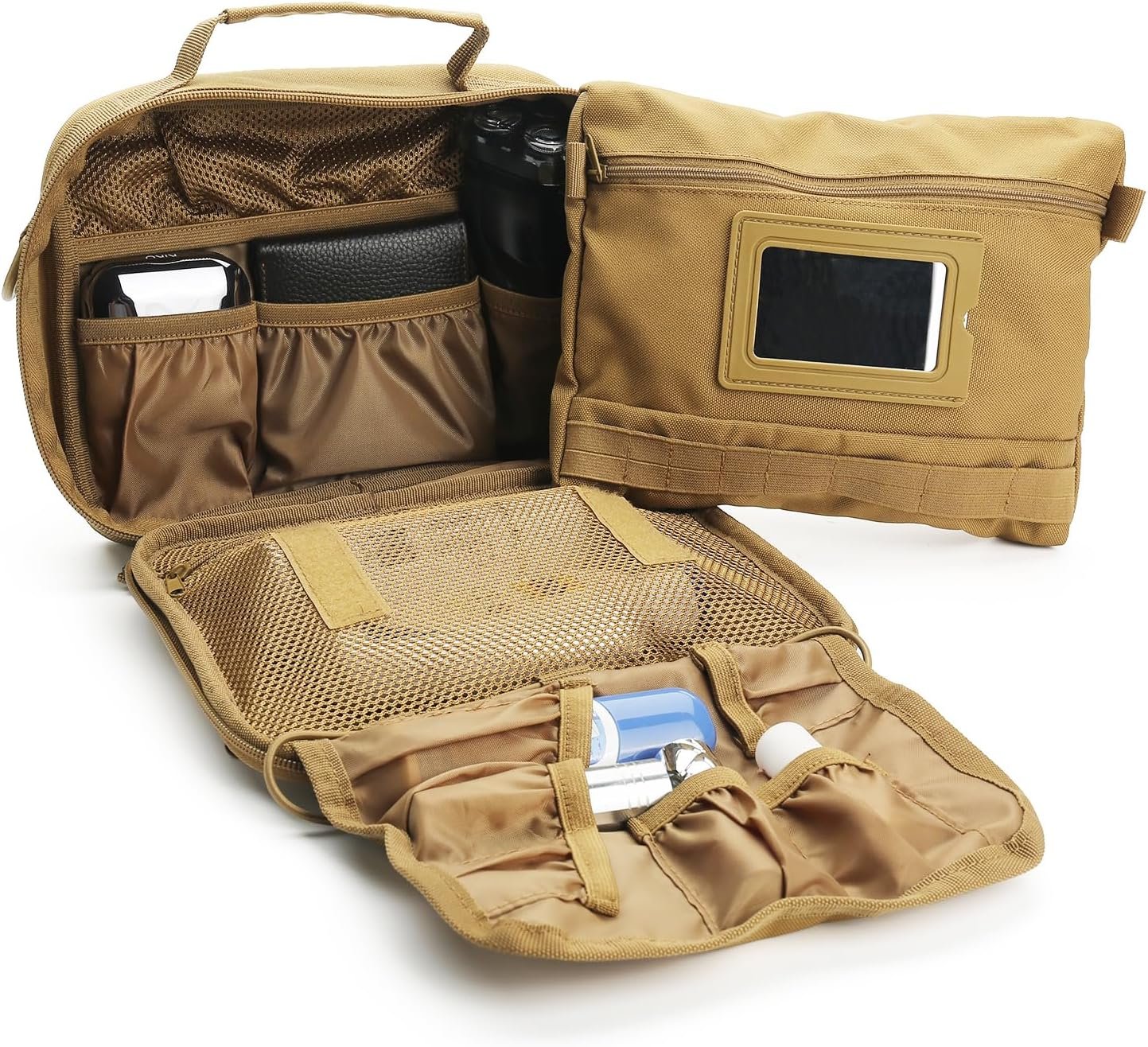 SMONT Tactical Toiletry Bag for Men, 9.5" Hanging Dopp Kit Shaving Hygiene Bag for Traveling Bathroom, Brown, Multifunctional