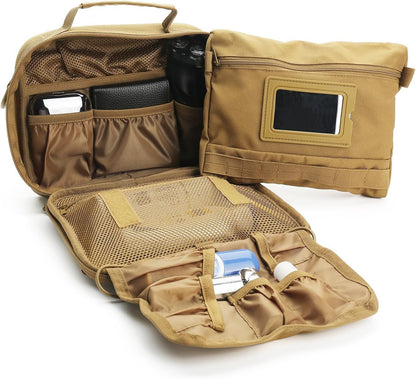 SMONT Tactical Toiletry Bag for Men, 9.5" Hanging Dopp Kit Shaving Hygiene Bag for Traveling Bathroom, Brown, Multifunctional