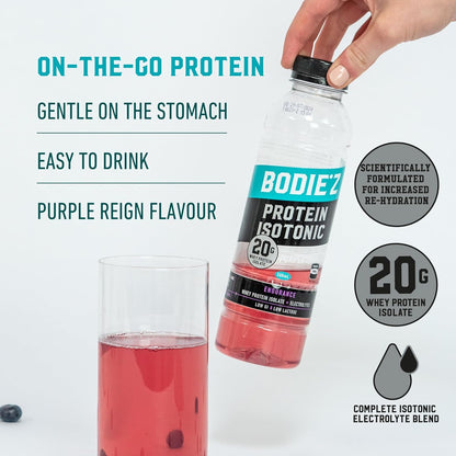 BODIE’Z Endurance 20g Whey Protein Water - Pre-Mixed Protein Powder Drink with Electrolytes for Hydration and 11 Vitamins and Minerals, Supplement for Lean Muscle Recovery, 500ml Purple Reign 6 Pack