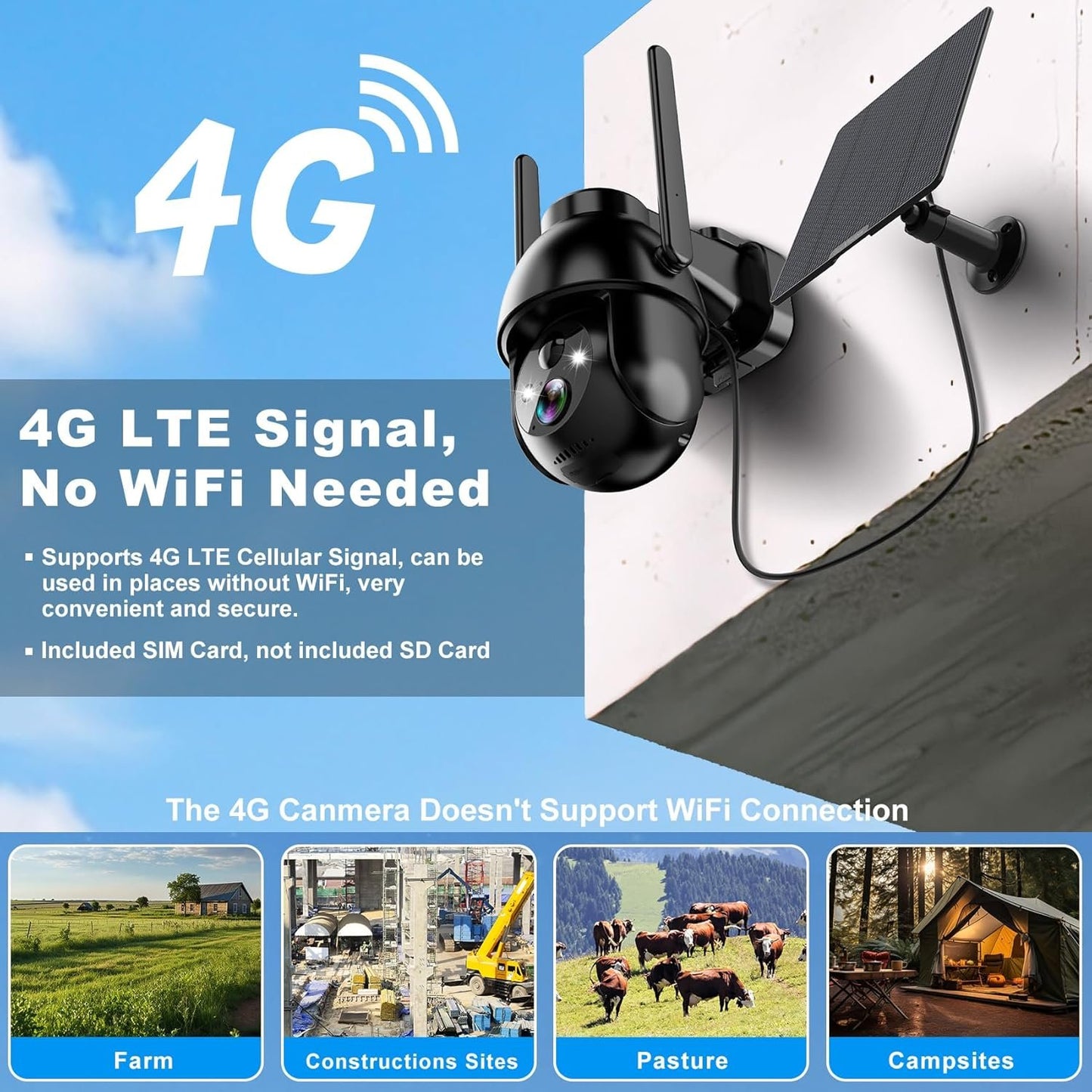 4G LTE Cellular Solar Security Cameras Wireless Outdoor, Solar Powered 3MP Camera 2K No WiFi Security Camera, PIR Motion Detection,Siren,Color Night Vision, SD/Cloud Storage (SIM Card Included)