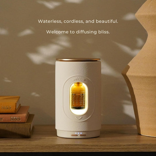 Waterless Nebulizing Essential Oil Diffuser - Battery Operated & Portable | Cordless Diffuser for Large Room Aromatherapy | Wireless Nebulizer & USB Rechargeable | Model: Cove (Ceramic Cream)