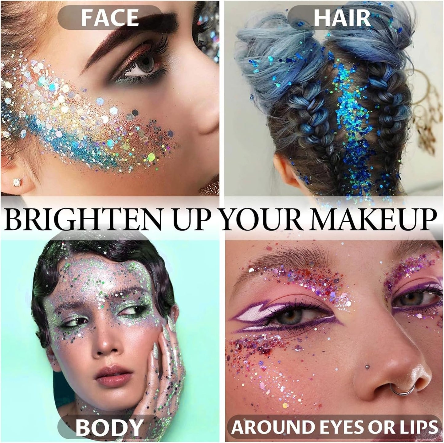 Body Glitter Gel, Face Glitter Gel,Intense Glitter Makeup Face Glitter Gel,Chunky Glitter for Eye Lip Hair Sparkling Body Glitter Gel for Women,Rave Glitter Festival Accessories（Champagne）