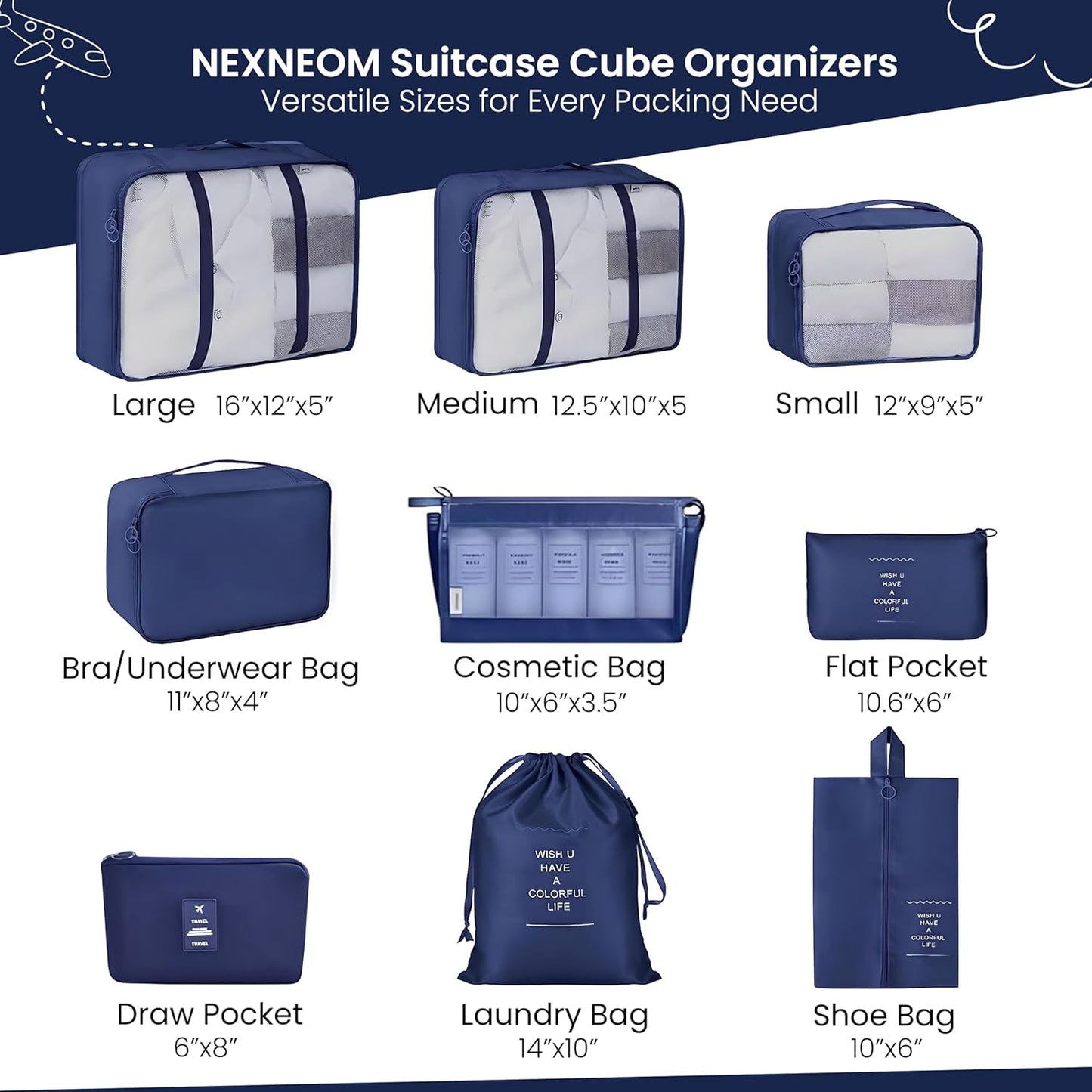 NEXNEOM Packing Cubes Blue Pack 9 - Multifunctional Clothing Sorting Package - Compression Packing Cube Nylon & Polyester Storage Bags Organisers - Waterproof Travel Packing Cube Set for Suitcase