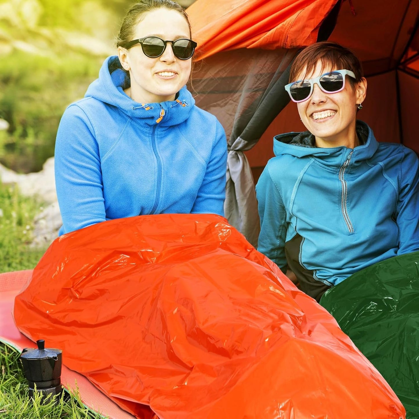 Qunclay 12 Set Emergency Sleeping Bag Survival Bivvy Sack Blanket with Whistles Lightweight Portable Thermal Survival Bag Thick Tent with Hood Extension Nylon Stuff Sack (Orange, Green,82.7 x 35.4 in)