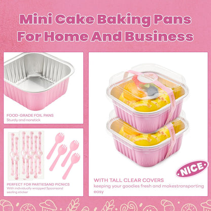 NPLUX 50 Pack Mini Cake Pans with Lids and Spoons Aluminum Foil Pans Square Cupcake Liners Brownie Baking Cups Disposable Ramekins Holders (Pink, 5oz)