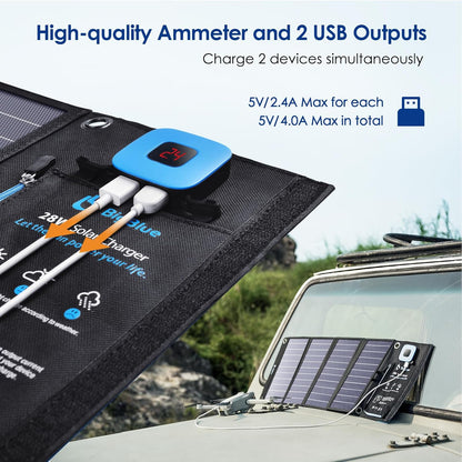Solar Panels Charger with Digital Ammeter, BigBlue 28W SunPower Camping Solar Panel, Dual USB(5V/4A Overall), IPX4 Waterproof, Compatible with iPhone 13/11/Xs/X/8/7, iPad, Samsung Galaxy, Google Pixel