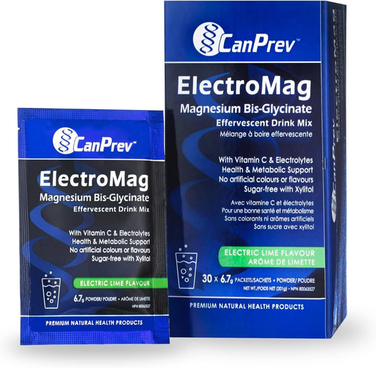 CanPrev ElectroMag Effervescent Drink Box, 30 Sachets 30-Day Supply - Lemon-Lime Flavor, Pure Magnesium Bisglycinate with Electrolytes & Vitamin C, Sugar-Free Xylitol Powder for Hydration and Energy