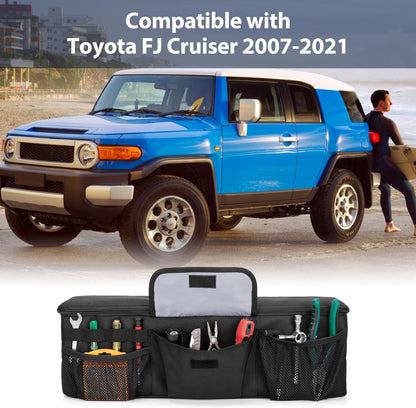 GRAOSO Car Trunk Organizer Compatible with Toyota FJ Cruiser 2007-2021, Rear Storage Bag with 3 Pieces of 1.5â€ Wide Hook&Loop Tapes, 2 Adjustable Hanging Loops, Multiple Pockets, Black