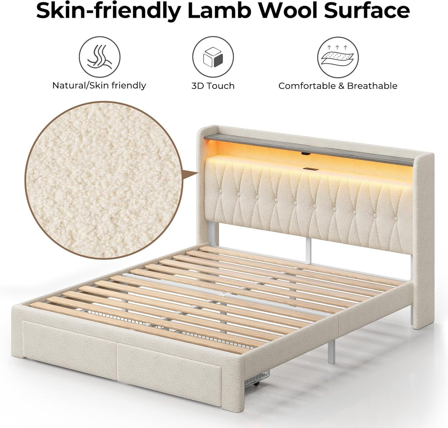 Rolanstar Queen Bed Frame with Drawers, Storage Headboard with Charging Station and LED Lights, Upholstered Bed with Heavy Duty Wood Slats, No Box Spring Needed, Noise Free, Easy Assembly, Beige