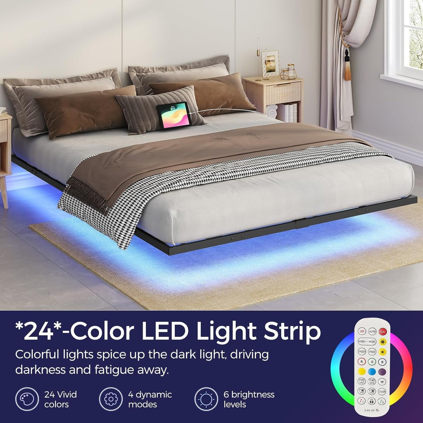 MAHANCRIS King Size Floating Bed Frame, Metal Platform Bed with Power Strip and LED Strip, Metal Bed Frame with Storage Box, Soundless, No Box Springs Needed, Black