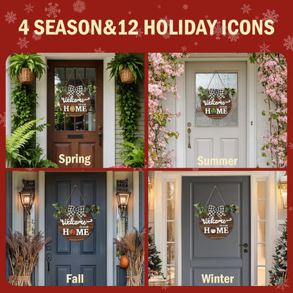 FIIJRR Interchangeable Welcome Sign for Front Door with 12 Changeable Icons,Rustic Wooden Wreaths for Home/Wall/Porch/Farmhouse Decor,All Seasons Holiday Halloween (Brown)