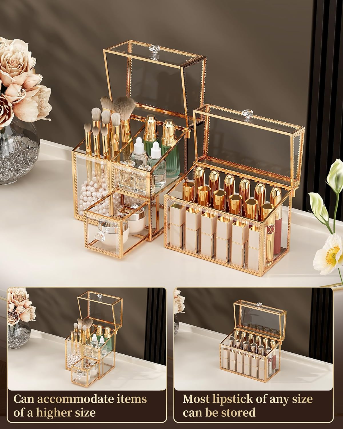 Glass Makeup Organizer Set – Vanity Organizer with 18-Slot Lipstick Organizer & Makeup Brush Holder with Lid – Skincare, Perfume & Cosmetic Storage for Bathroom or Dresser