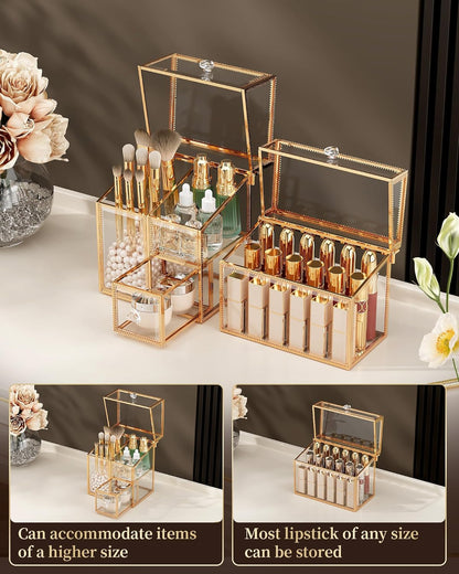 Glass Makeup Organizer Set – Vanity Organizer with 18-Slot Lipstick Organizer & Makeup Brush Holder with Lid – Skincare, Perfume & Cosmetic Storage for Bathroom or Dresser