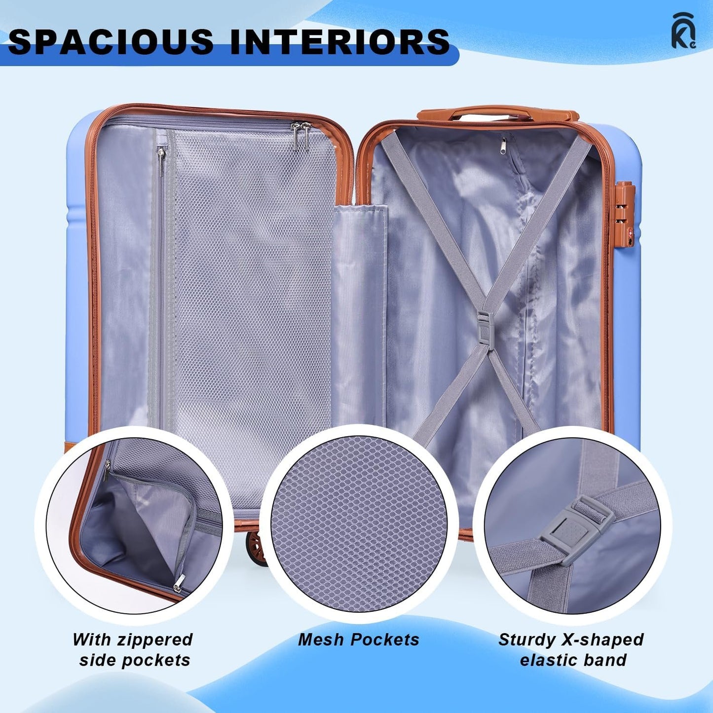 Krute Luggage Sets 5 Piece Suitcase Set Carry-On Luggage,PC ABS TSA Lock Hard Shell Lightweight Checked Luggage Set with Spinner Wheels (LightBlue)